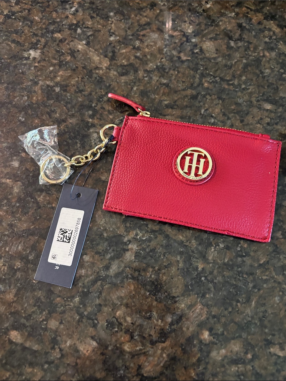 Tommy Hilfiger Red Leather Zip Card Case with Logo Keyring